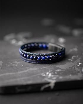 Preview: Dreifaches Armband mit 6 mm Tigerauge-Stein und Nappaleder - Triple Blue